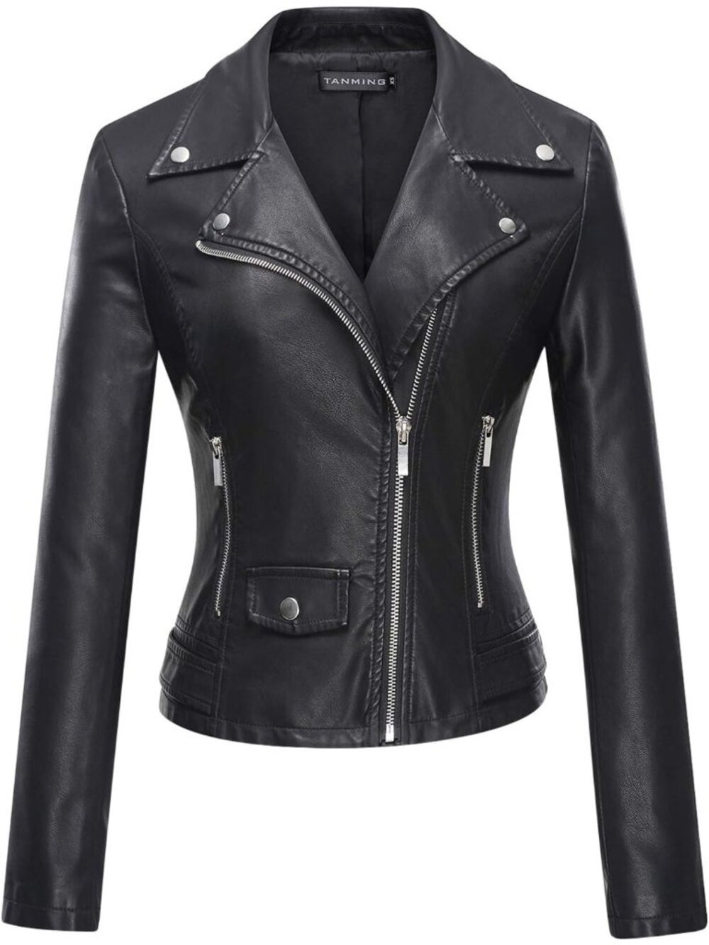 Women's Black Faux Leather Moto Biker Jacket Slim Fit Zip Up Casual Short Coat